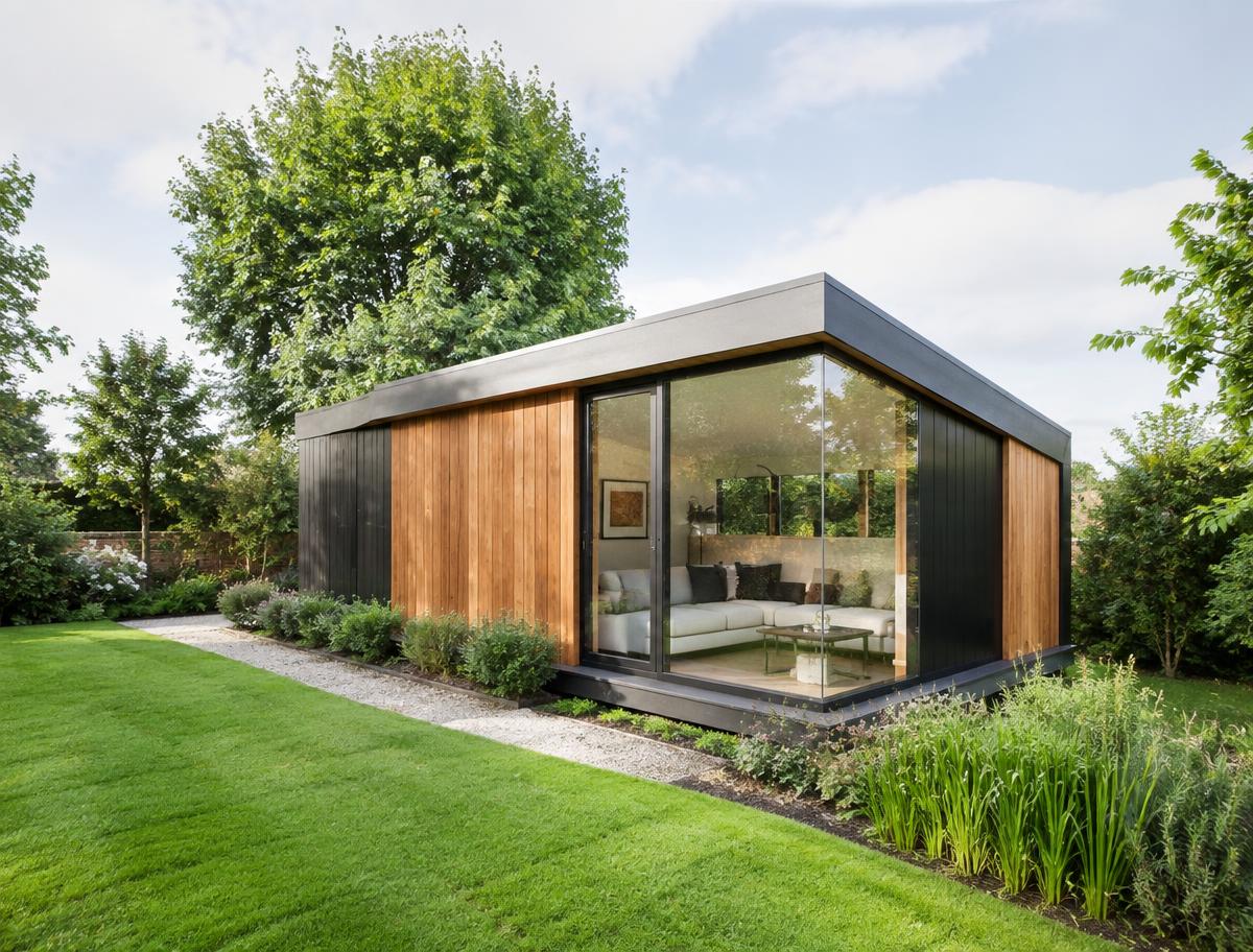 Bespoke contemporary garden building with mixed timber cladding and a large glazed corner