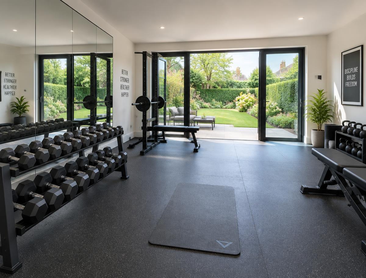 Garden gym interior with rubber flooring, dumbbell rack, mirrored wall and glazed doors to a garden