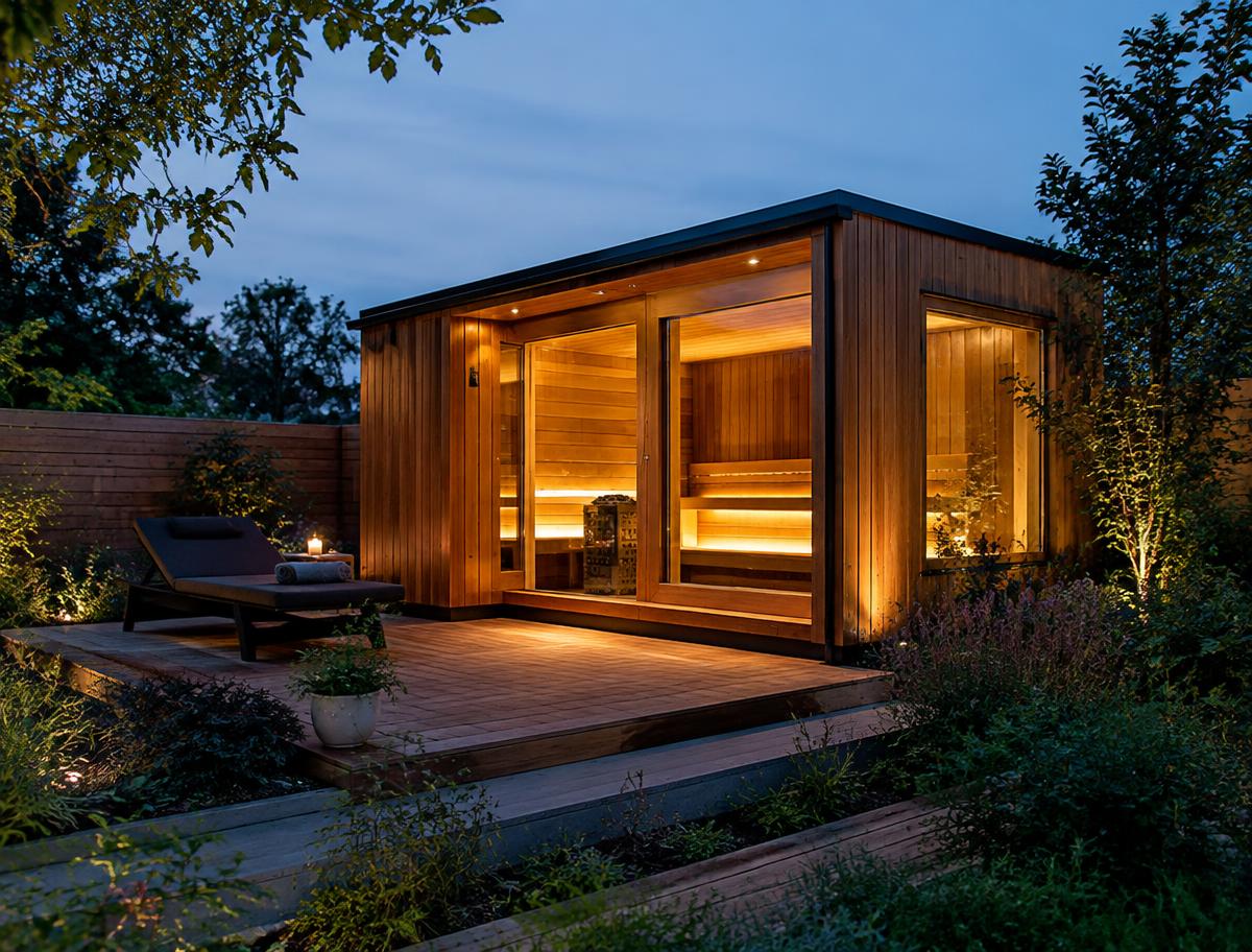 Cedar-clad outdoor garden sauna glowing warmly at dusk with timber decking and planting