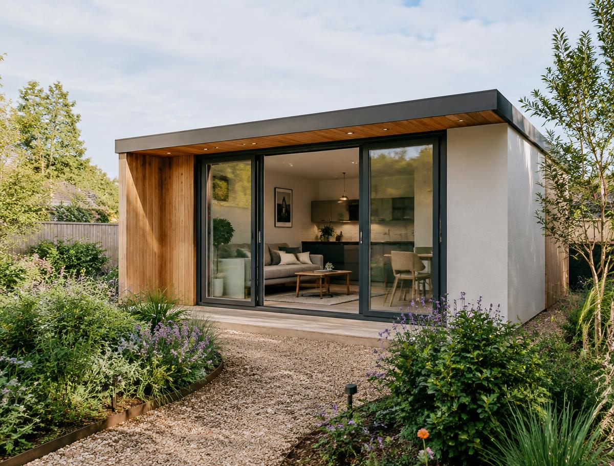 Contemporary garden annexe with timber and render exterior and a glazed living and kitchen area